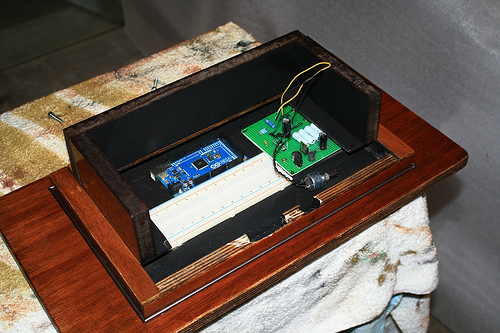 Base of the clock taking shape. Some electronic parts are already installed.