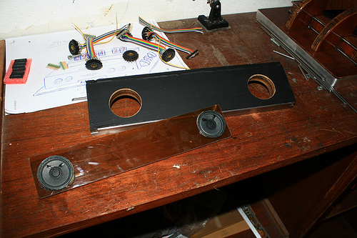 The back plate, housing the speakers, in construction.