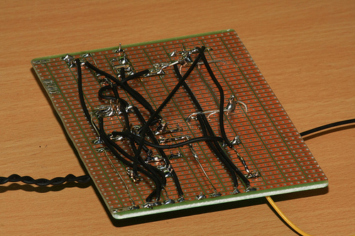 The back side of the circuit, showing all the messy connections.